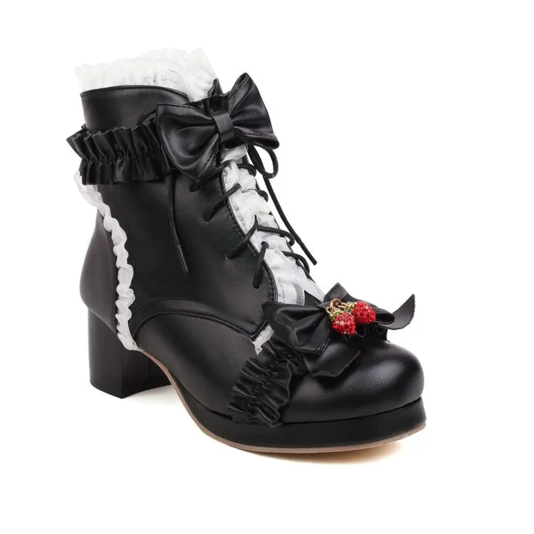 Women's Lace Bow Tie Side Zippers Block Chunky Heel Ankle Boots