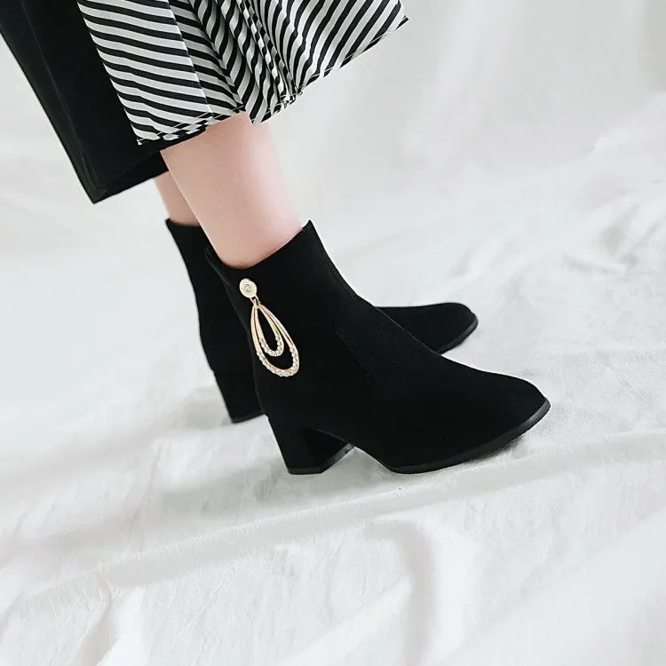 Women's Flock Round Toe Rhinestone Pendants Side Zippers Block Chunky Heel Short Boots