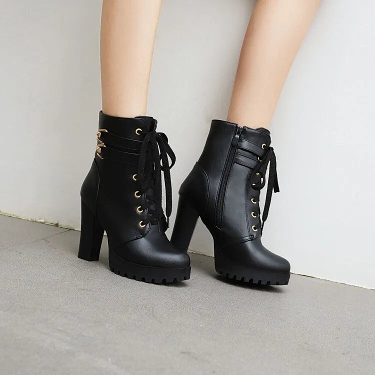 Women's Booties Buckles Lace-Up Block Chunky Heel Platform Short Boots