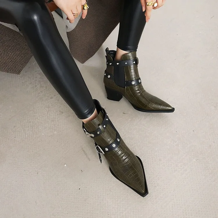 Women's Crocodile Pattern Pointed Toe Buckles Belts Rivets Block Heel Short Boots