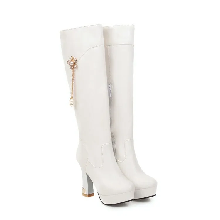 Women's Round Toe Pearls Flowers Spool Heel Platform Knee High Boots