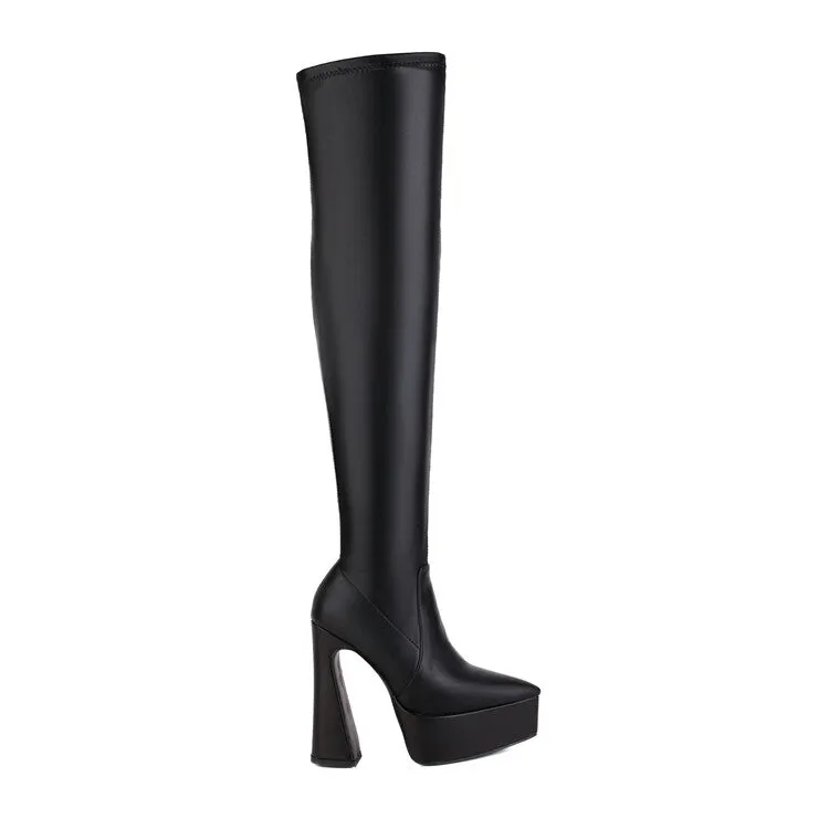 Women's Frosted Pu Leather Pointed Toe Spool Heel Platform Over the Knee Boots