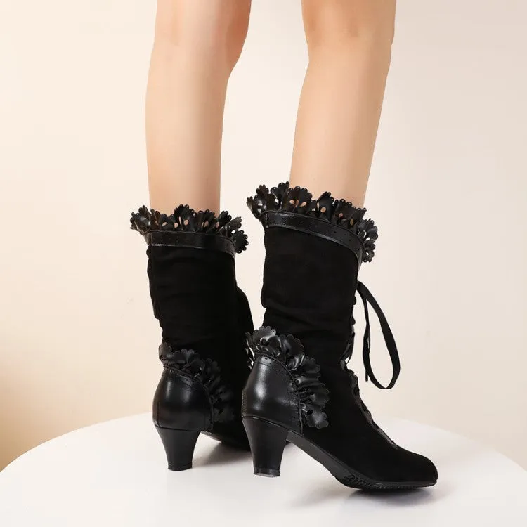 Women's Carved Pu Leather Pointed Toe Ruffles Lace Up Bow Tie Puppy Heel Ankle Boots