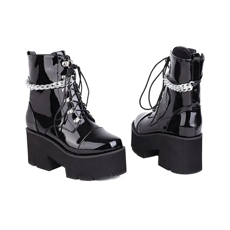 Women's Glossy Round Toe Lace Up Metal Chains Block Chunky Heel Platform Short Boots