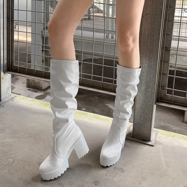 Women's Round Toe Block Chunky Heel Platform Tall Boots