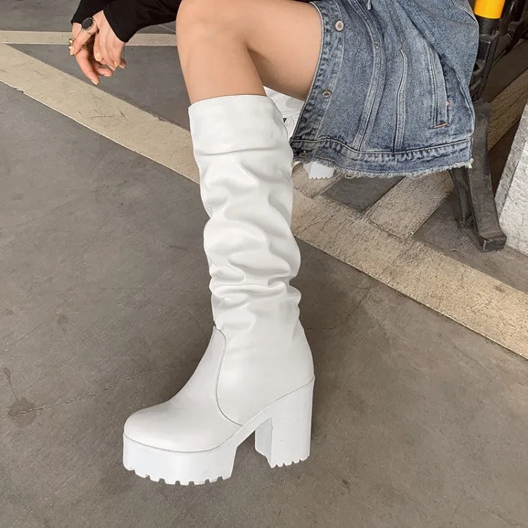 Women's Round Toe Block Chunky Heel Platform Tall Boots