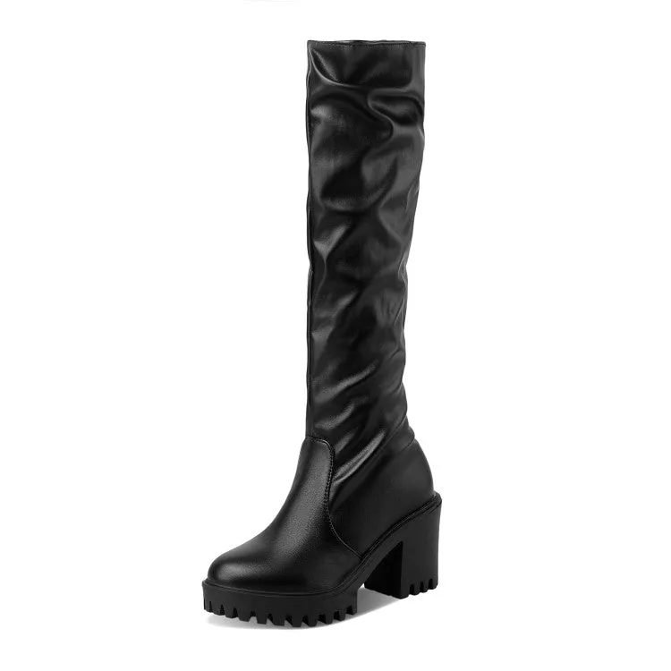 Women's Round Toe Block Chunky Heel Platform Tall Boots