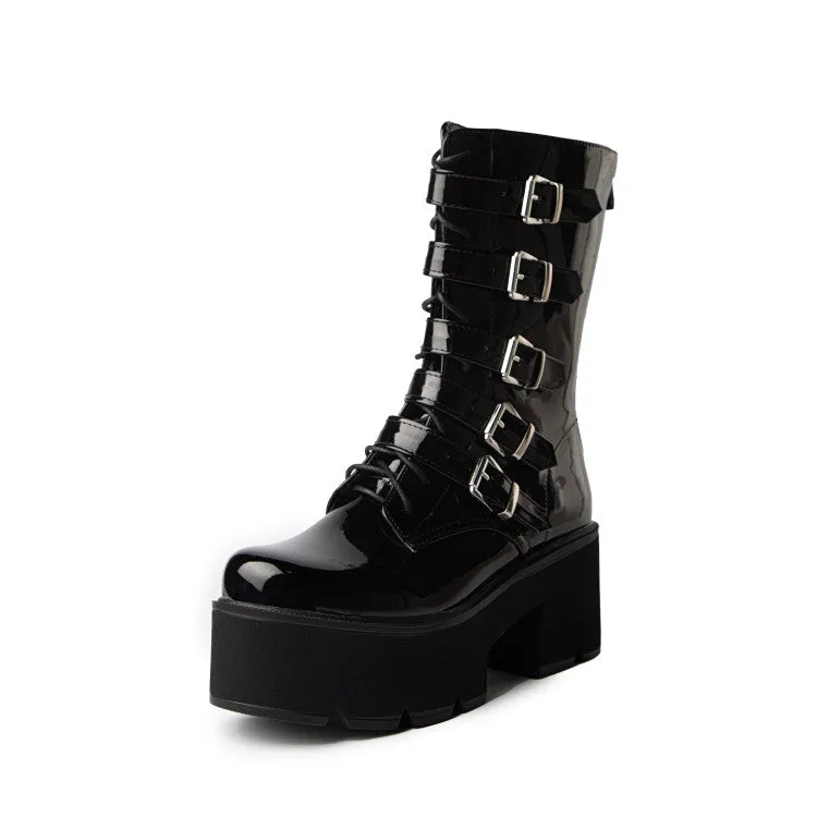 Women's Round Toe Buckle Straps Block Chunky Heel Platform Mid-calf Boots