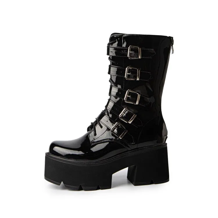 Women's Round Toe Buckle Straps Block Chunky Heel Platform Mid-calf Boots