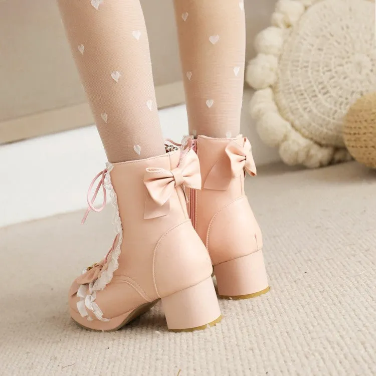 Women's Lace Bow Tie Pearls Block Chunky Heel Ankle Boots