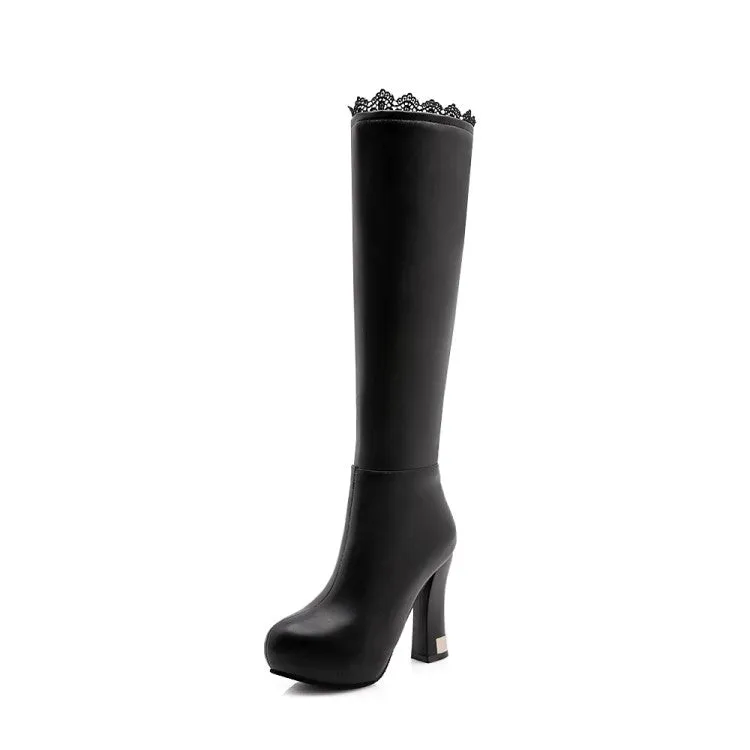 Women's Lace Side Zippers Block Chunky Heel Platform Knee High Boots