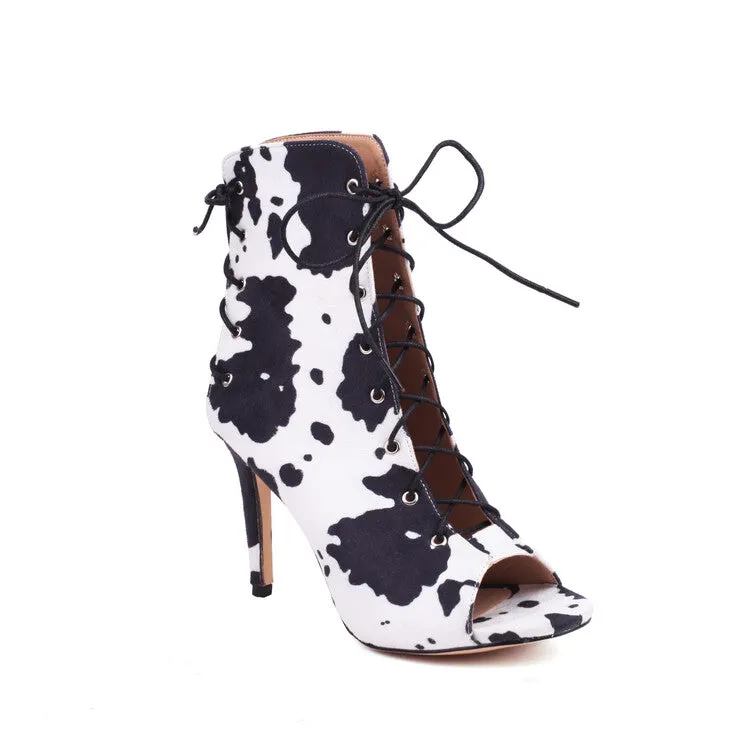 Women's Cow-printed Peep Toe Lace-Up Stiletto Heel Ankle Boots