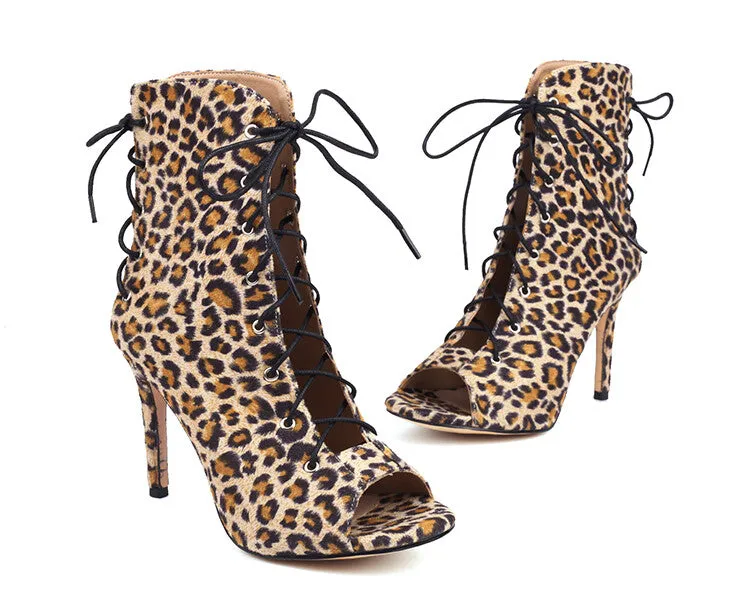 Women's Cow-printed Peep Toe Lace-Up Stiletto Heel Ankle Boots