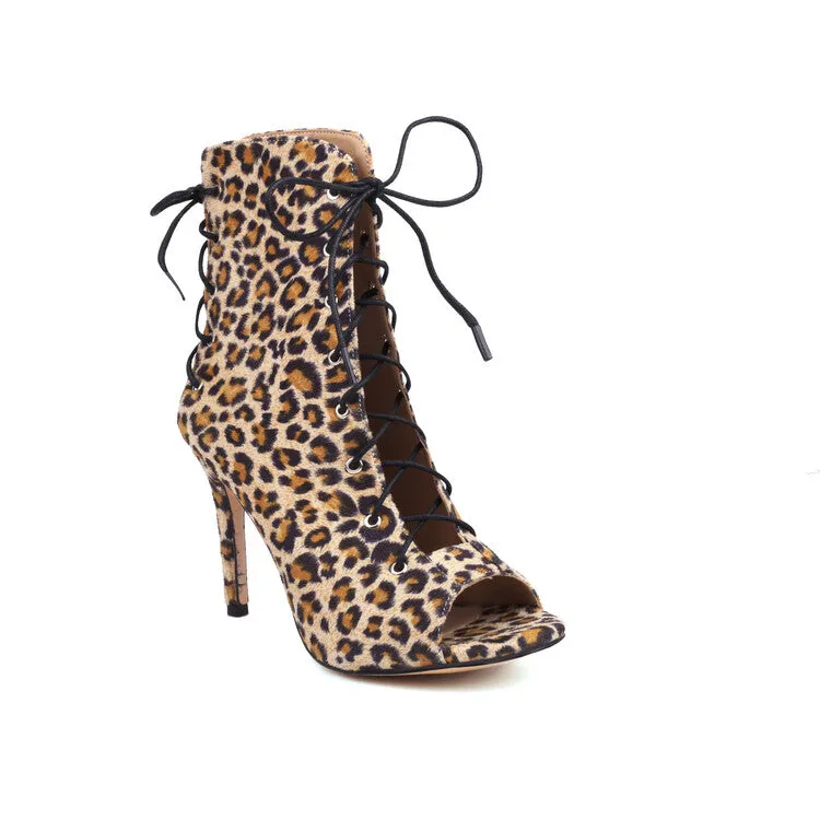 Women's Cow-printed Peep Toe Lace-Up Stiletto Heel Ankle Boots