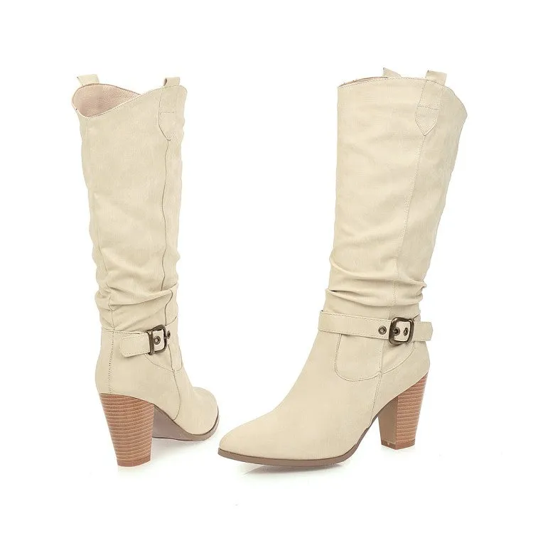 Women's Pointed Toe Block Chunky Heel Buckle Straps Mid-Calf Boots