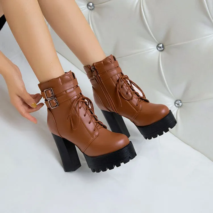 Women's Pu Leather Almond Toe Lace Up Buckle Straps Block Chunky Heel Platform Ankle Boots