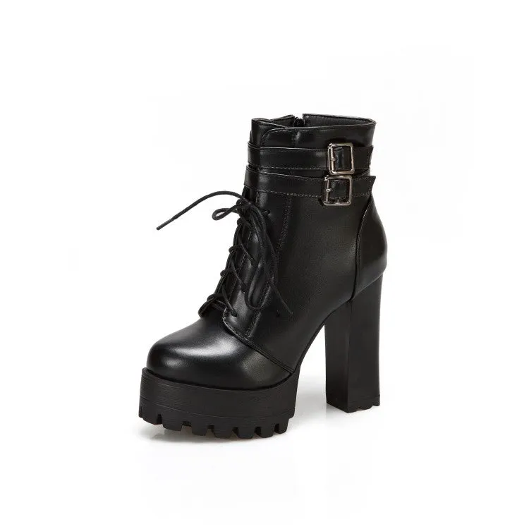 Women's Pu Leather Almond Toe Lace Up Buckle Straps Block Chunky Heel Platform Ankle Boots