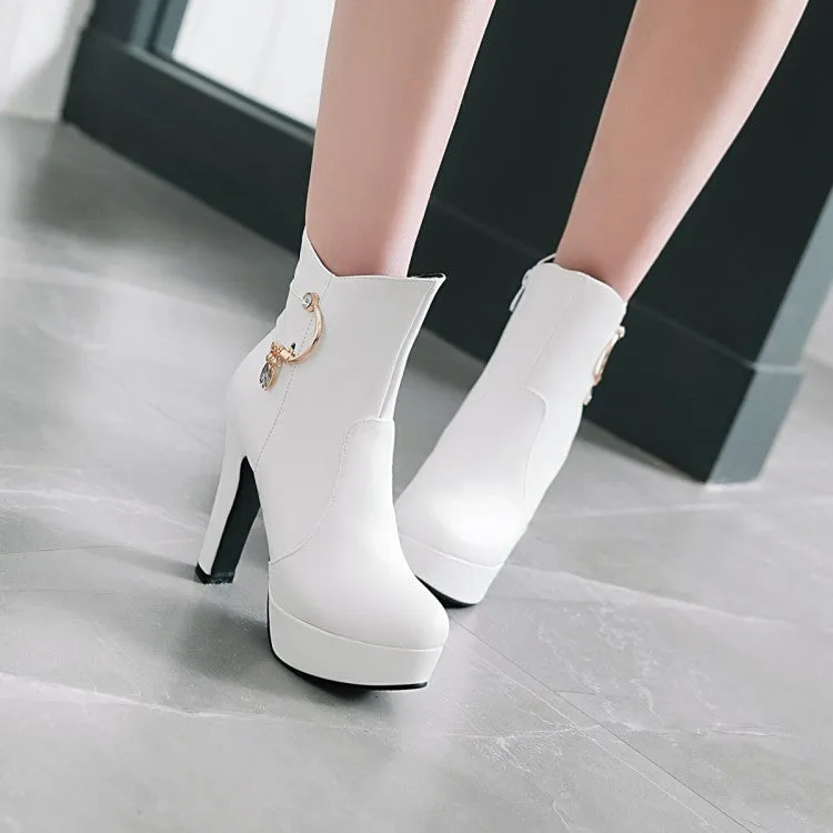 Women's Pu Leather Almond Toe Side Zippers Block Chunky Heel Platform Short Boots