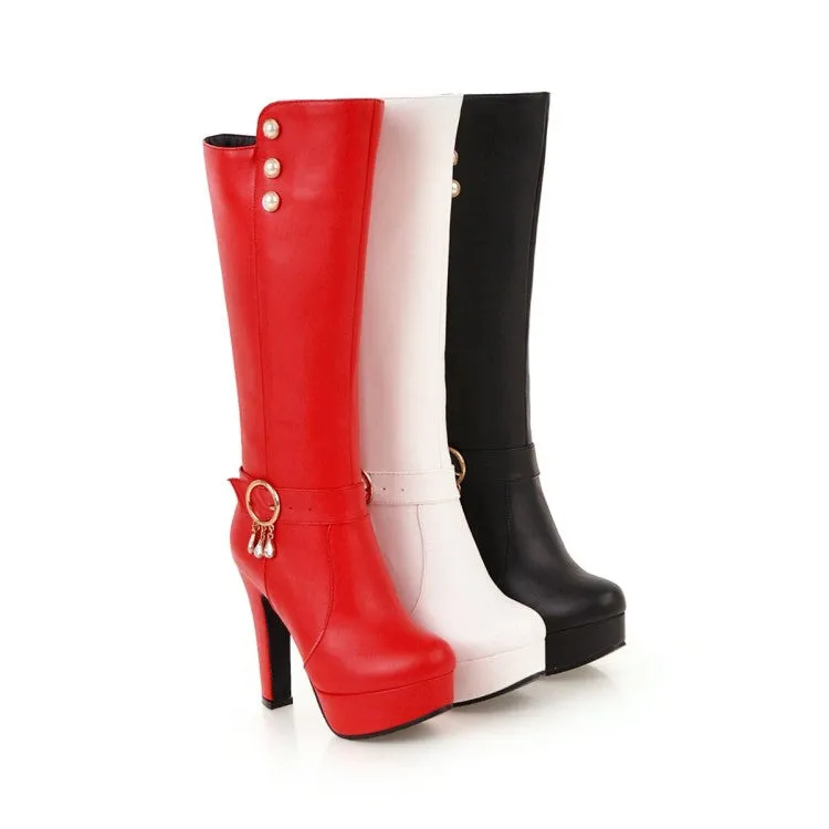 Women's Rivets Pearls Side Zippers Buckle Straps Block Chunky Heel Platform Knee High Boots