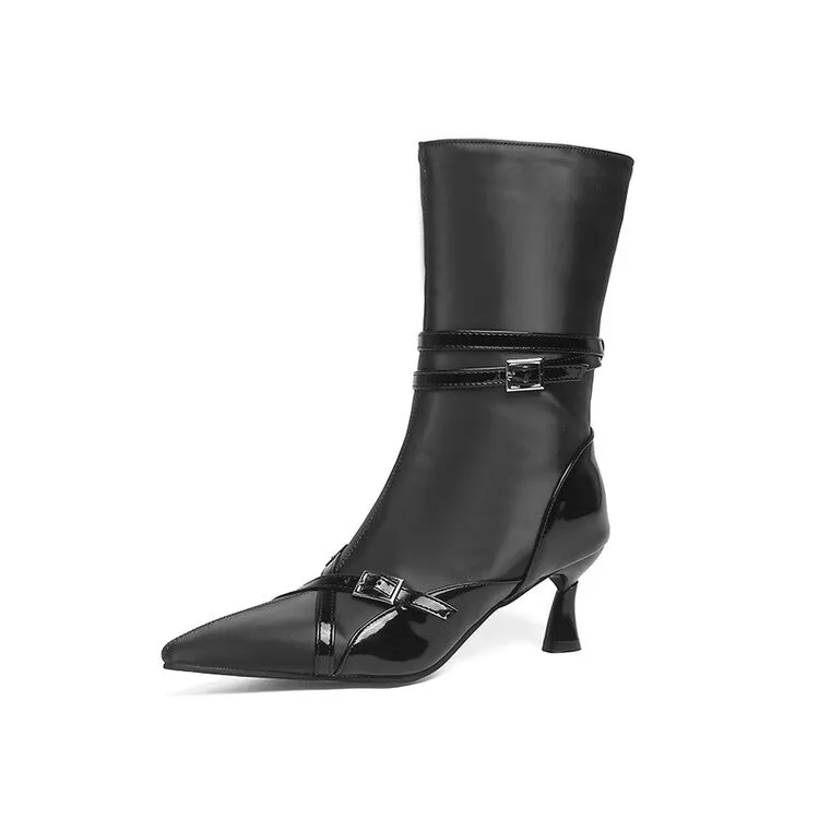 Stylish Womens Glossy Pointed Toe Ankle Boots with Buckle Straps and Mid Heel