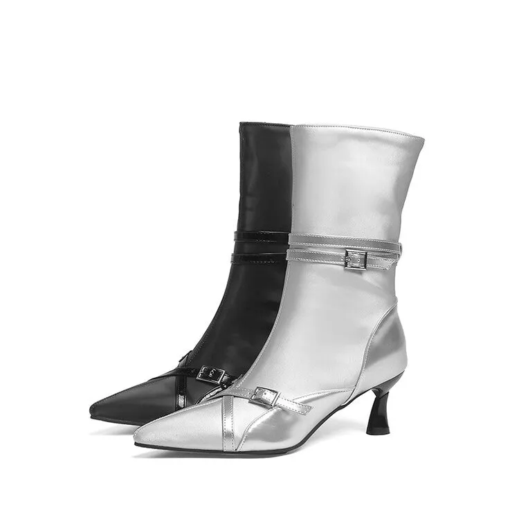 Stylish Womens Glossy Pointed Toe Ankle Boots with Buckle Straps and Mid Heel