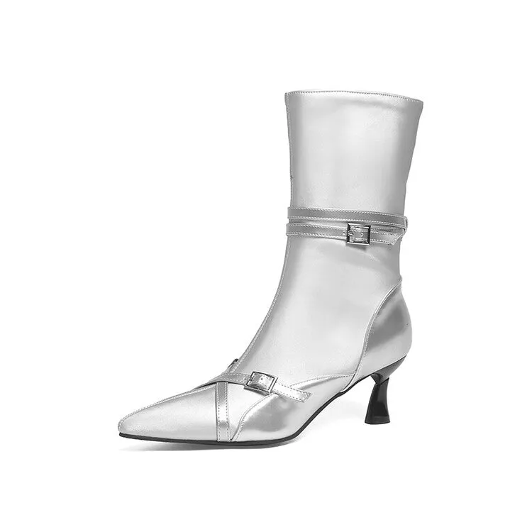 Stylish Womens Glossy Pointed Toe Ankle Boots with Buckle Straps and Mid Heel