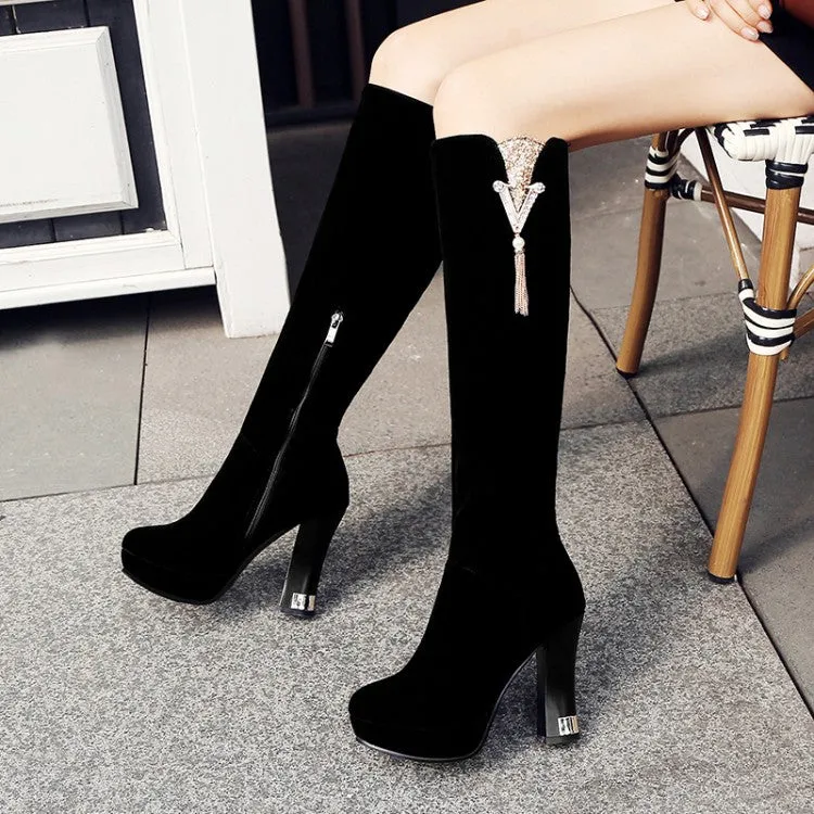 Women's Flock Rhinestone Tassel Side Zippers Spool Heel Platform Knee High Boots