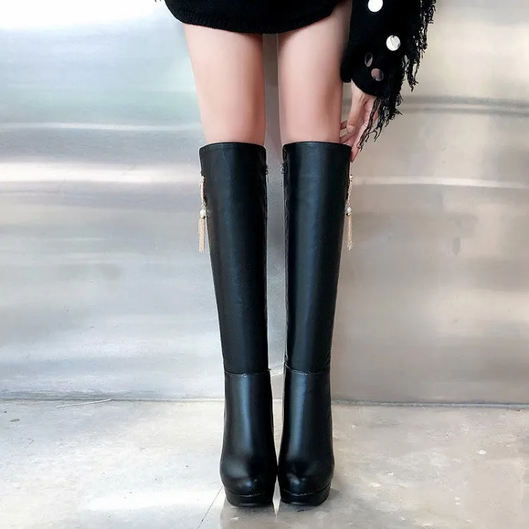 Women's Pearls Tassel Block Chunky Heel Platform Knee High Boots