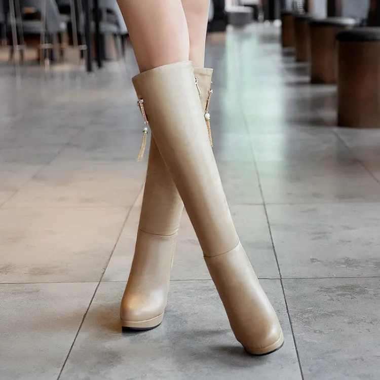 Women's Pearls Tassel Block Chunky Heel Platform Knee High Boots