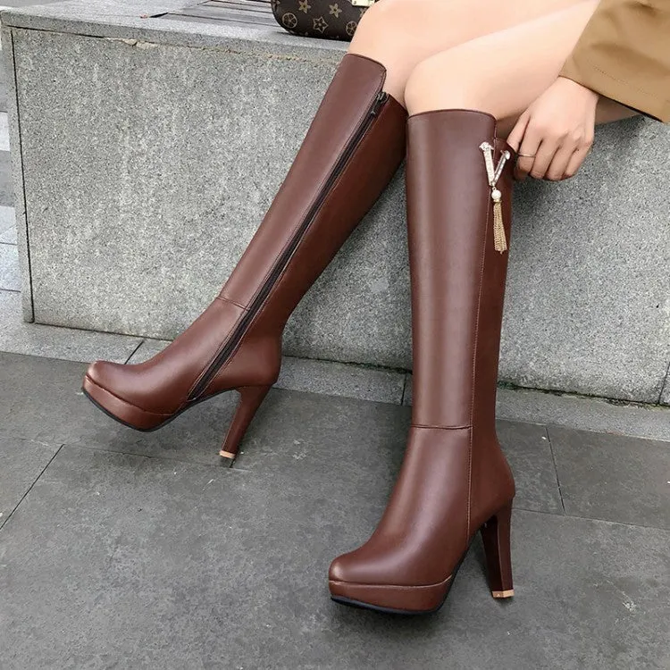 Women's Pearls Tassel Block Chunky Heel Platform Knee High Boots