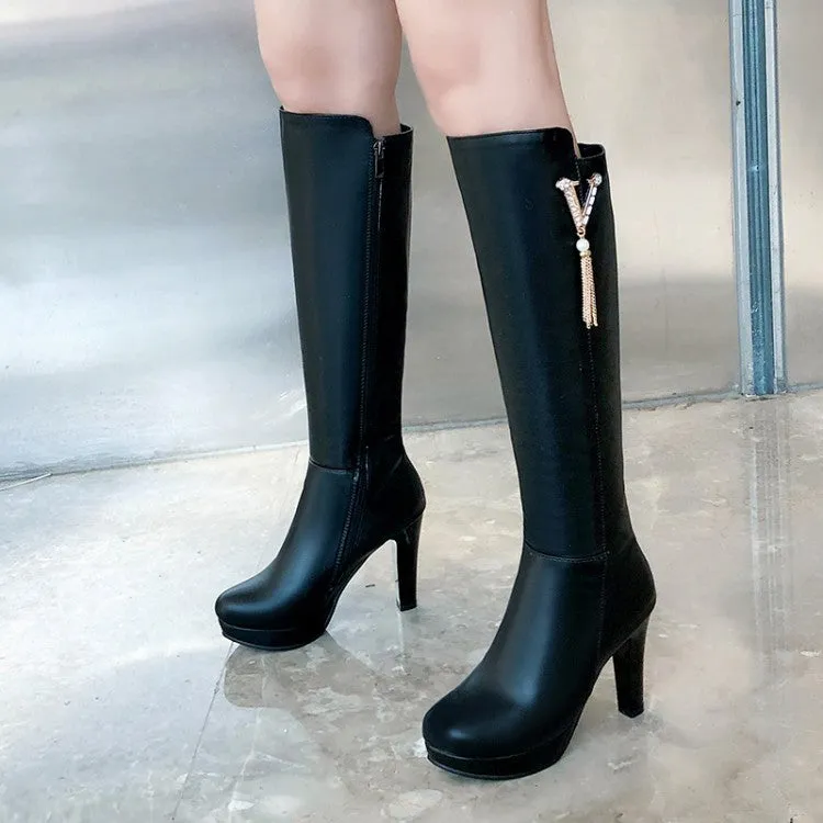 Women's Pearls Tassel Block Chunky Heel Platform Knee High Boots