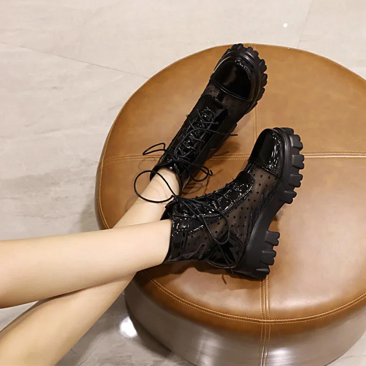 Women's Round Toe Clear Lace-Up Block Chunky Heel Platform Short Boots