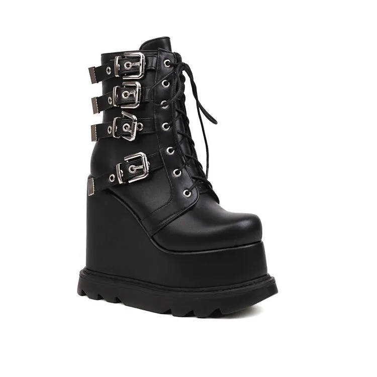 Women's Pu Leather Round Toe Lace Up Metal Buckle Straps Wedge Heel Platform Short Boots