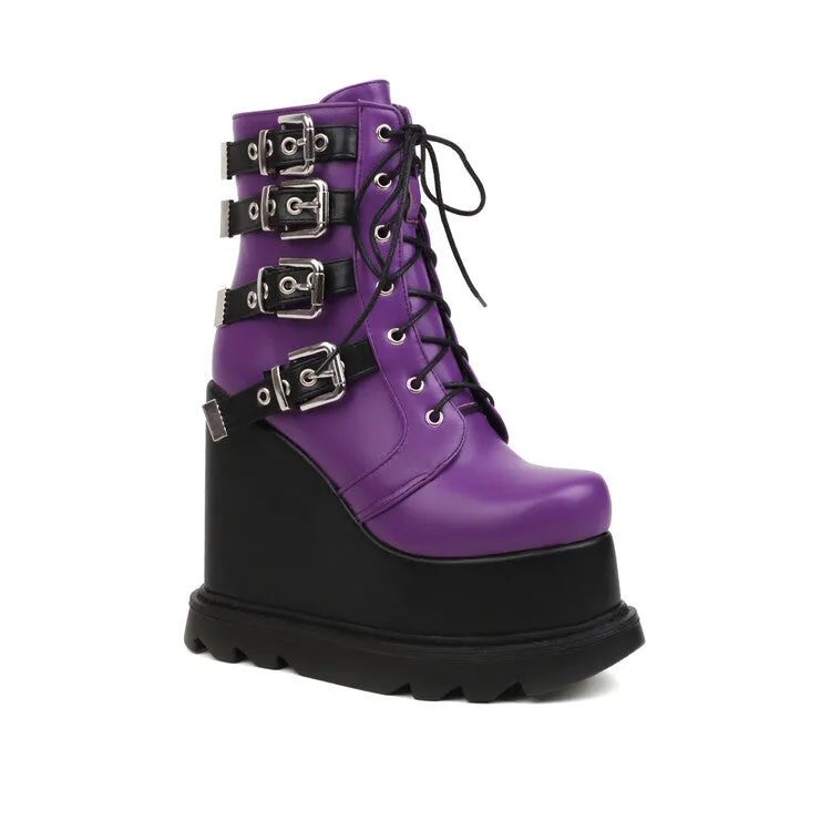 Women's Pu Leather Round Toe Lace Up Metal Buckle Straps Wedge Heel Platform Short Boots