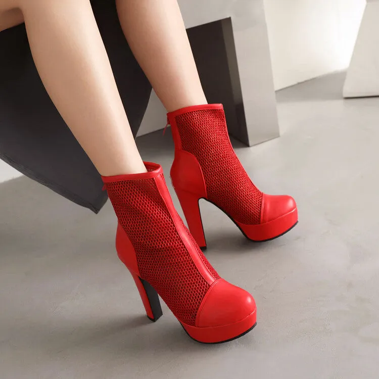 Women's Round Toe Mesh Back Zippers Block Chunky Heel Platform Short Boots