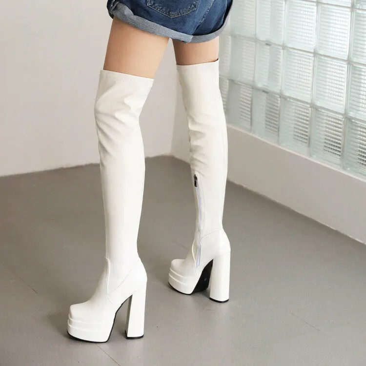 Women's Glossy Square Toe Side Zippers Block Chunky Heel Platform Over the Knee Boots