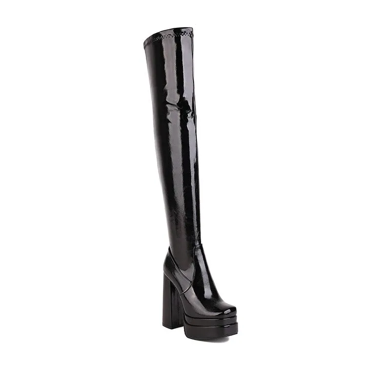 Women's Glossy Square Toe Side Zippers Block Chunky Heel Platform Over the Knee Boots