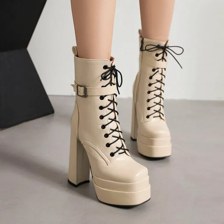 Women's Square Toe Lace-Up Buckle Straps Side Zippers Block Chunky Heel Platform Short Boots