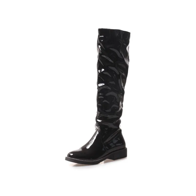 Women's Glossy Round Toe Stitch Knee High Boots