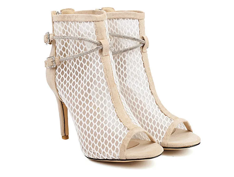 Women's Peep Toe Mesh Rhinestone Chains Stiletto Heel Ankle Boots