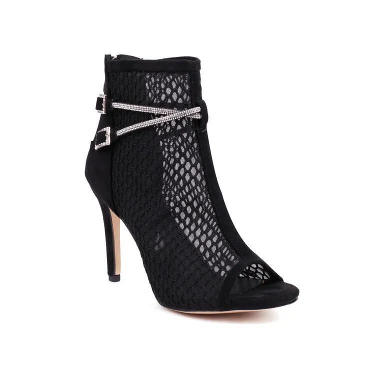 Women's Peep Toe Mesh Rhinestone Chains Stiletto Heel Ankle Boots